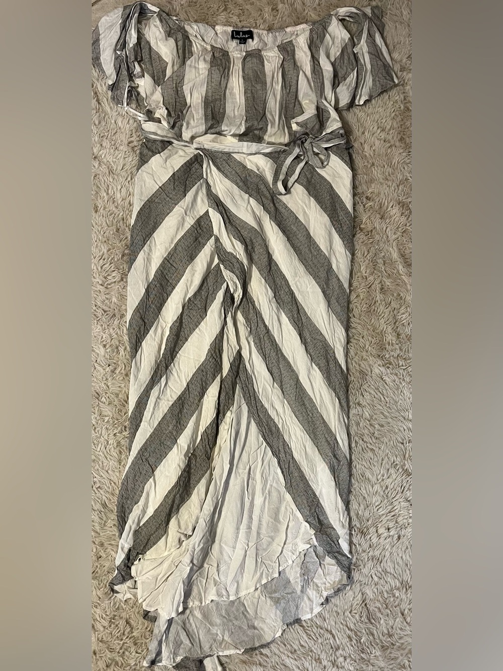 Lulu's Gray & White Off-Shoulder Striped Wrap Skirt Set